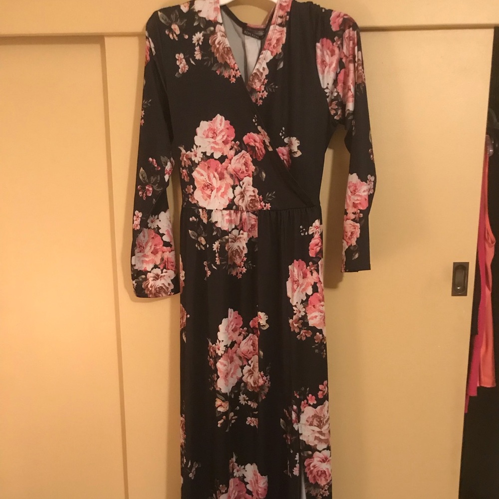 Long flower print faux wrap dress